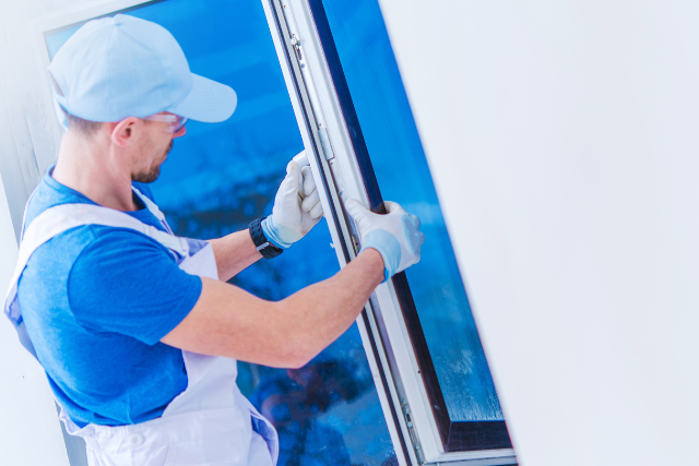 Window Replacement by worker in uniform